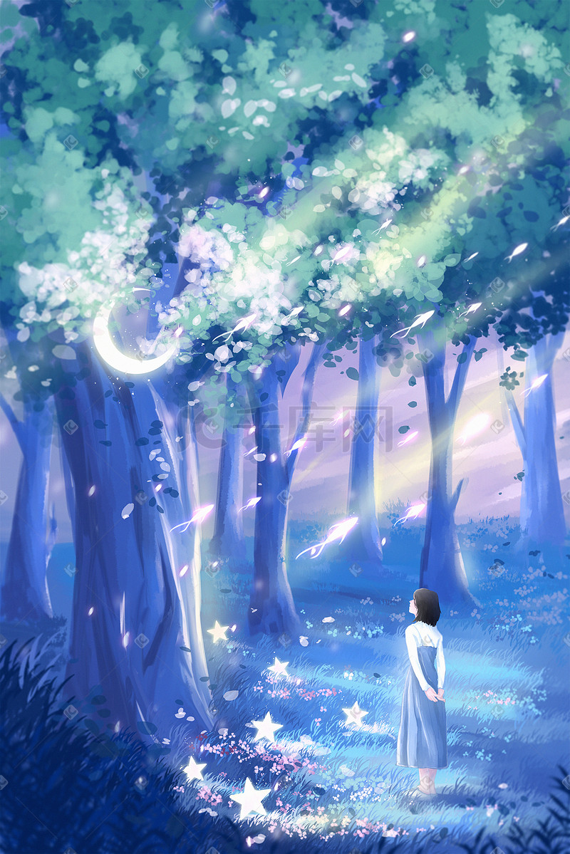 唯美治愈森林里遇到星星月亮的少女插画图片