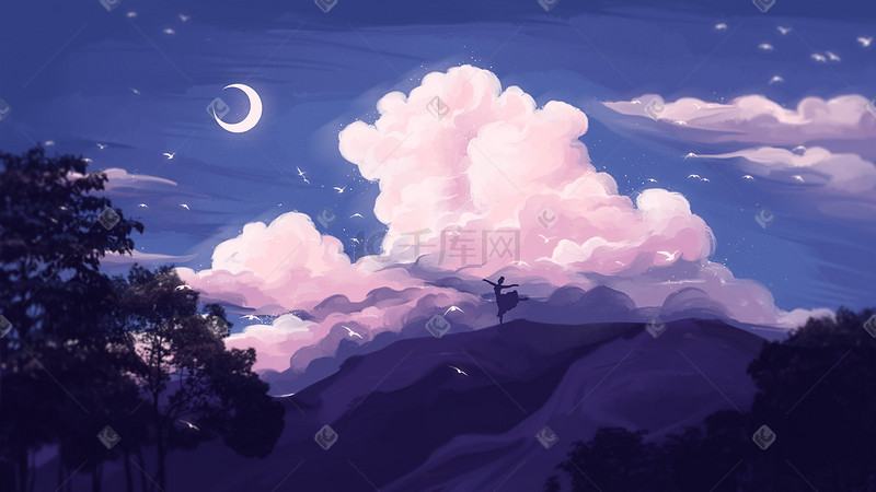 唯美治愈云层月下山上舞动的少女插画图片