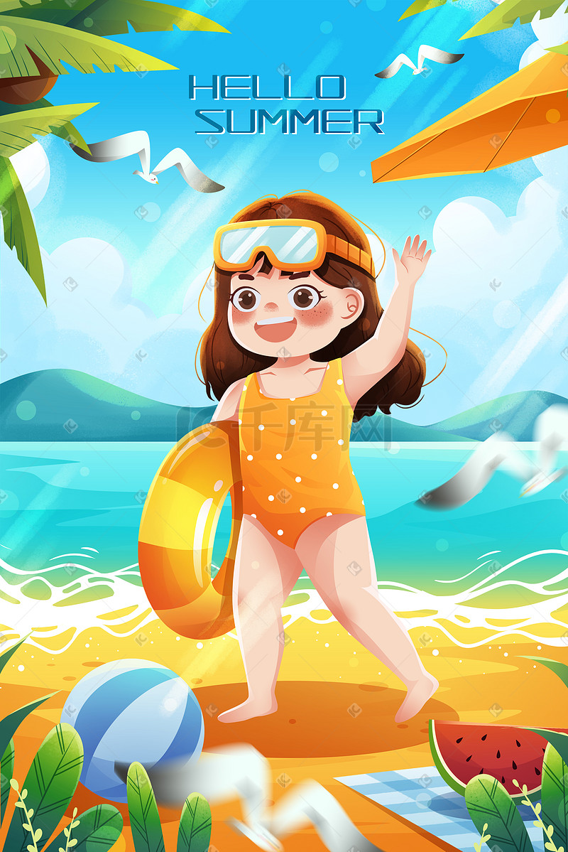 清新夏季沙滩海边拿游泳圈女孩小暑大暑图片