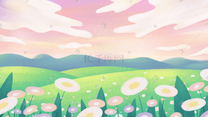 清新唯美夏天大自然草地花海粉色天空图片