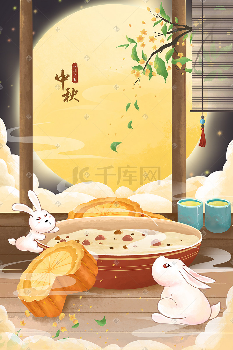 八月中秋佳节桂花树下玉兔赏月品尝美食月饼图片