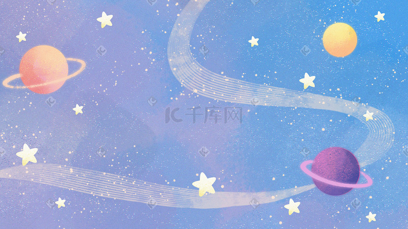 蓝粉色卡通手绘宇宙星星星球插画图片