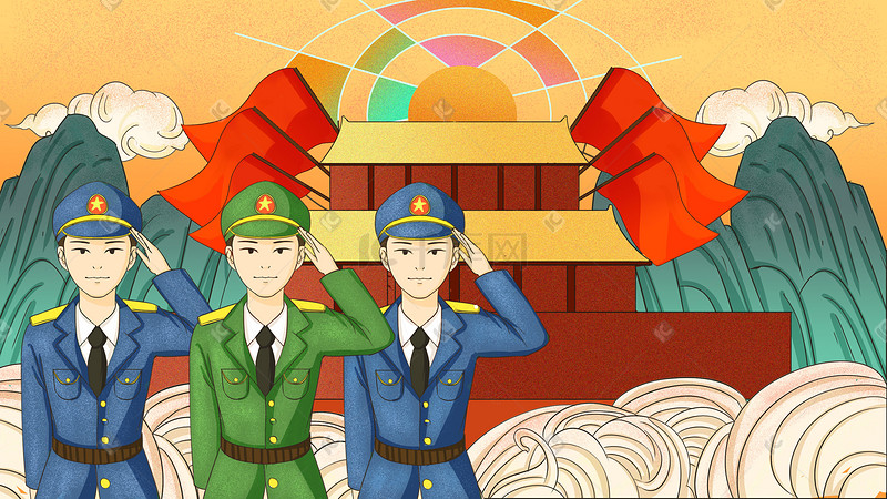 建军节三军仪仗队天安门广场手绘插画图片