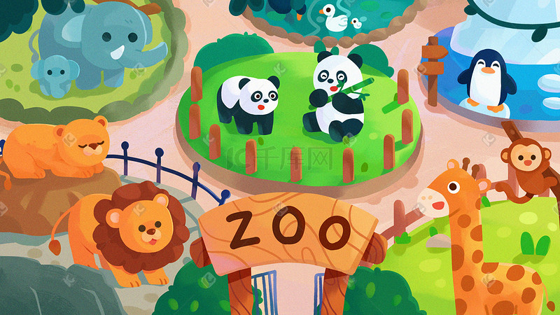 卡通动物动物园场景插画宣传图片