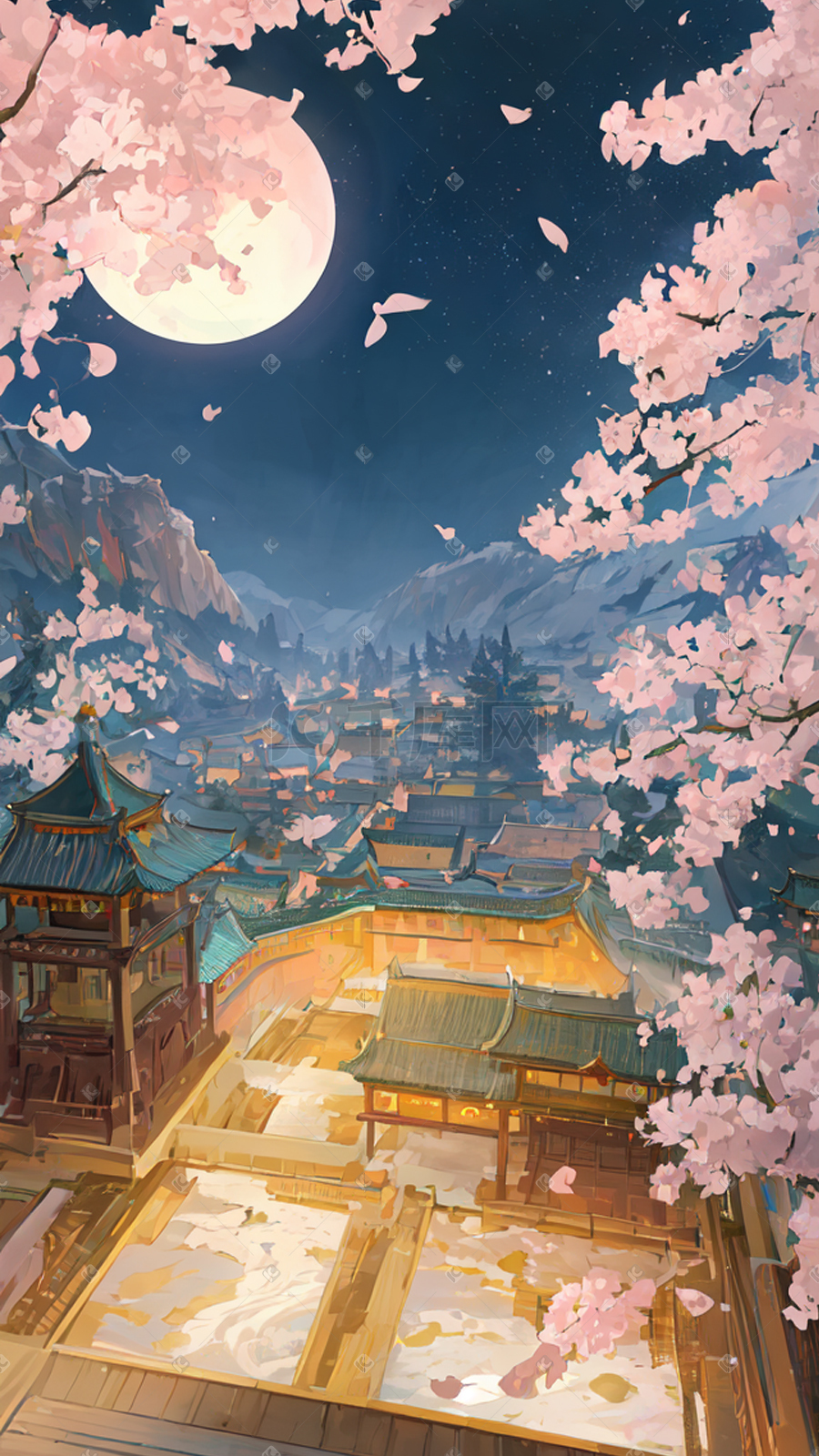 中国风唯美油画古建筑夜景插画图片