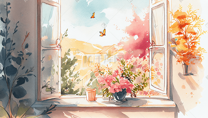 横版春天窗边景色水彩插画图片