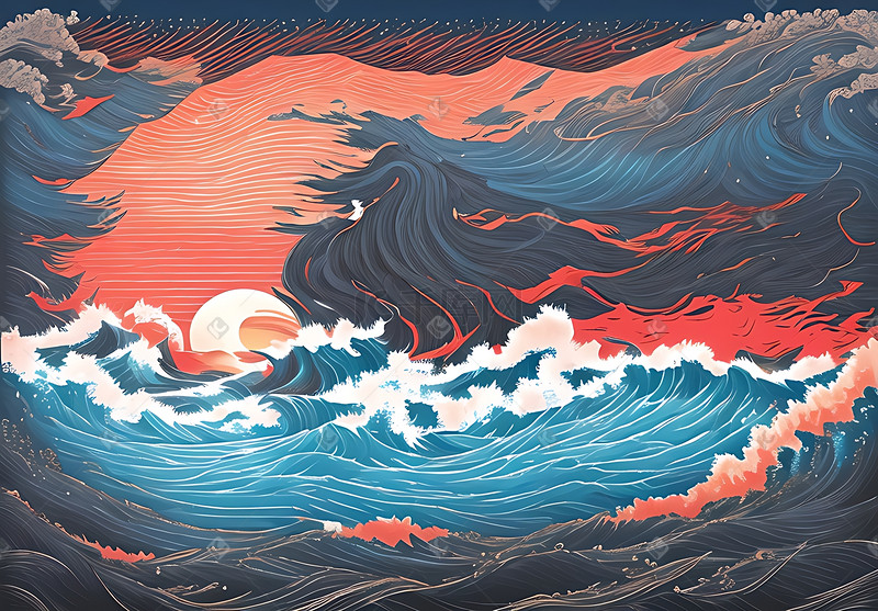 红日日本浮世绘古风插画图片