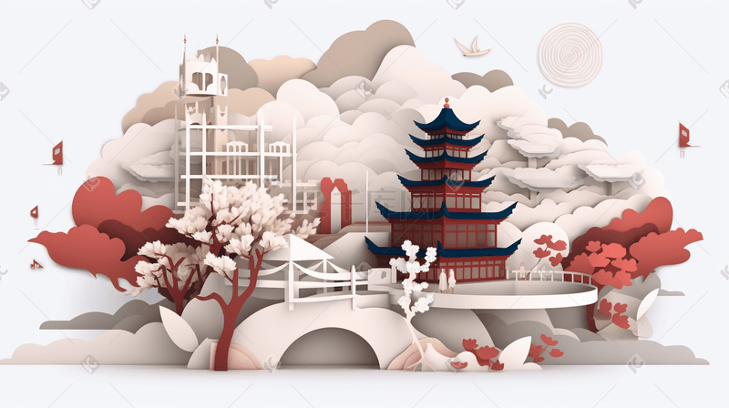 中国风古典建筑国潮剪纸风风景图片