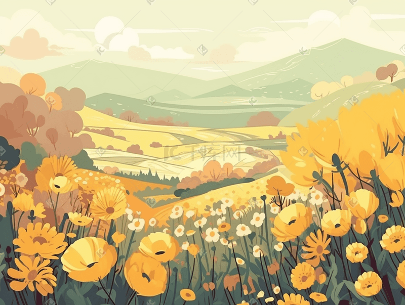 自然风景插画风格黄色花开在田野上图片