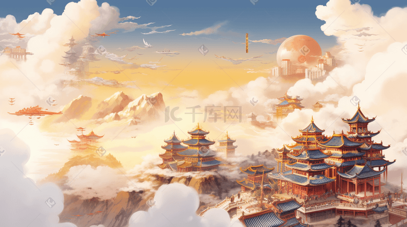 彩色中国风国潮古典风景插画图片