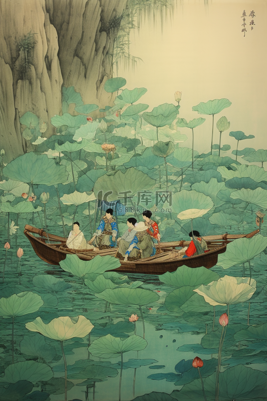 中国风古风仕女莲花图美女在荷花池中图片