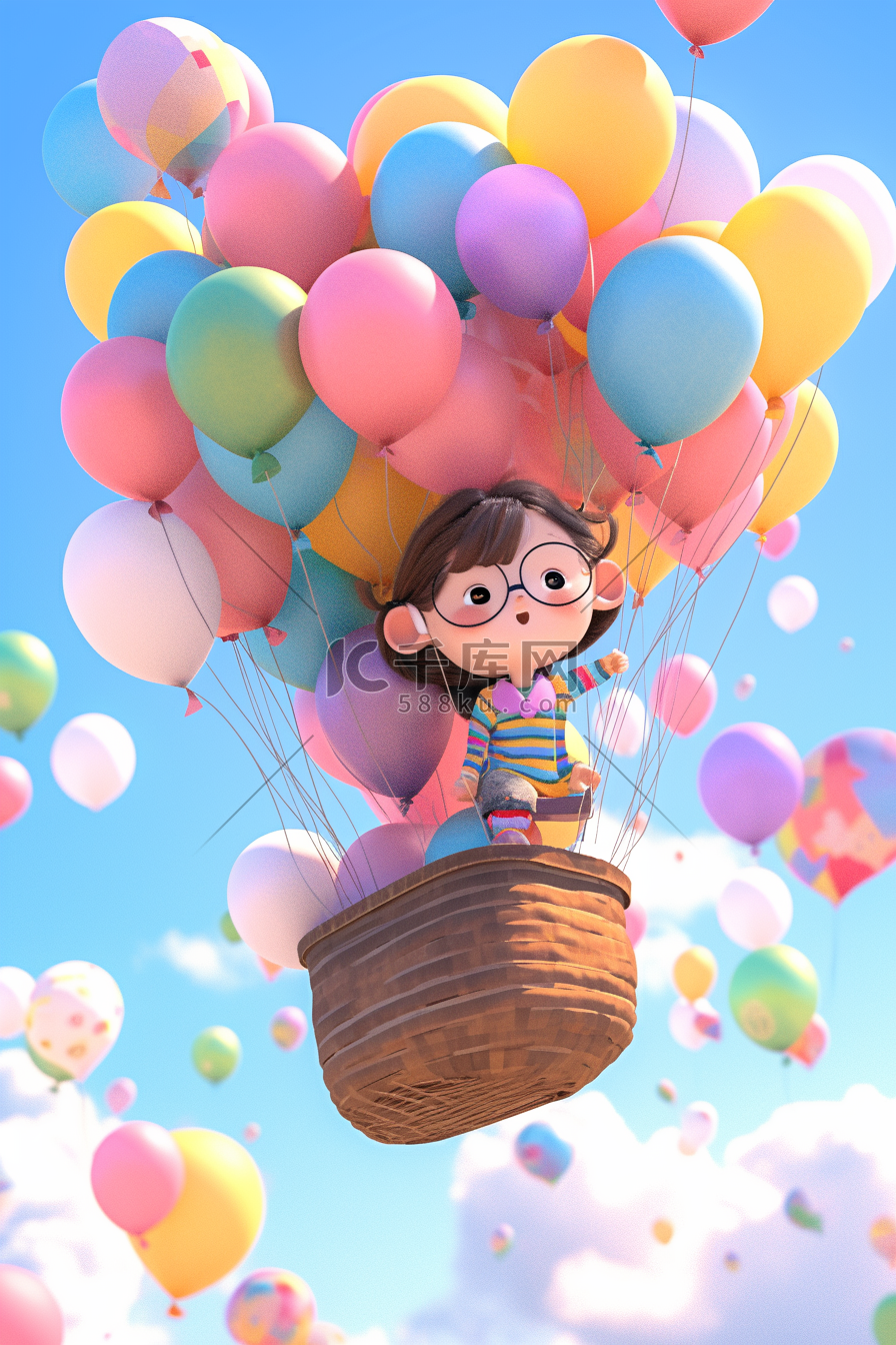 一个小女孩卡通场景3d立体气球空中图片