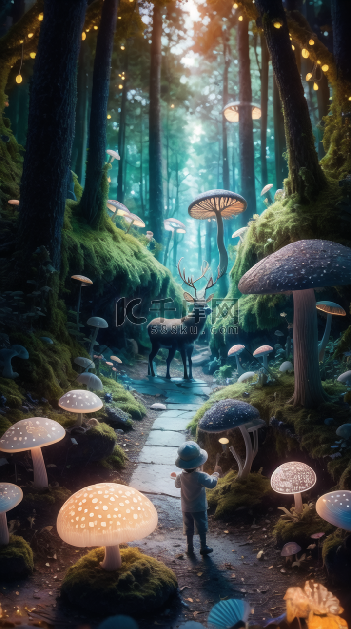 走进发光蘑菇森林的小孩图片