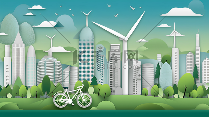 剪纸风格新能源绿色健康城市图片