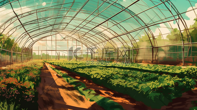 夏天唯美绿色农业温室种植乡村风景数字艺术插画图片