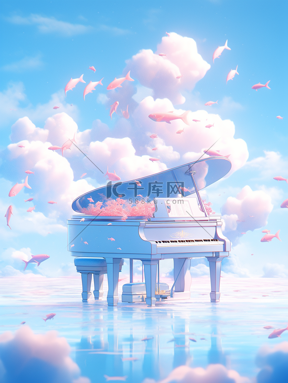 唯美钢琴在牛奶云朵里C4DOC渲染图片