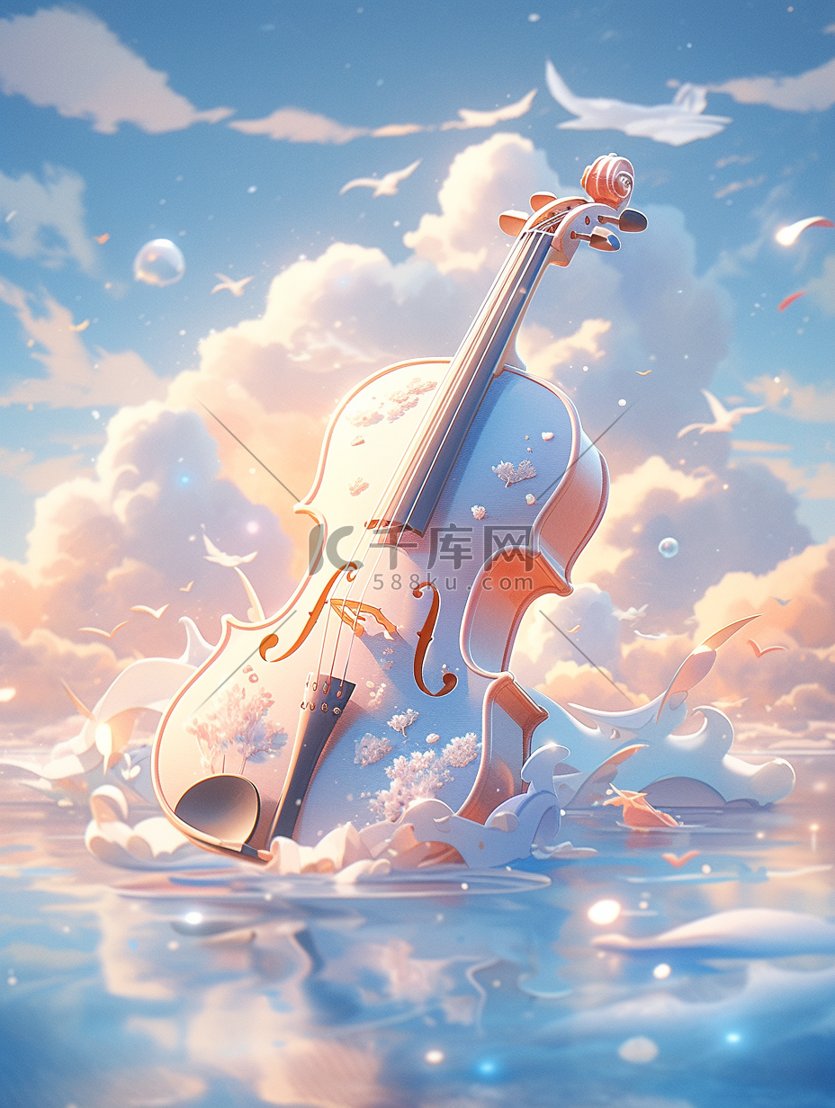 唯美小提琴在牛奶云朵里C4DOC渲染图片