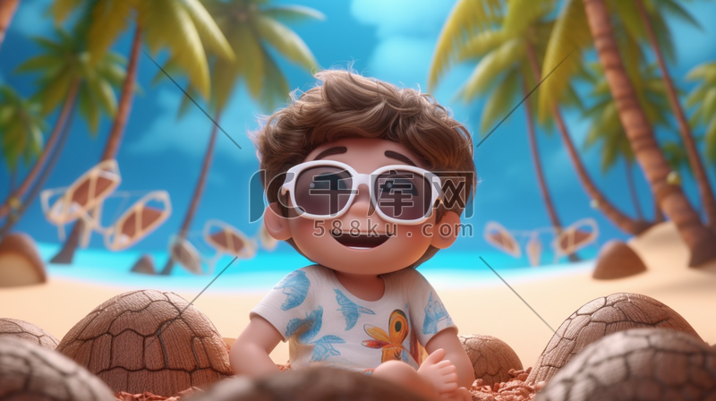夏天夏季小男孩在大海边玩耍3D立体场景沙滩图片