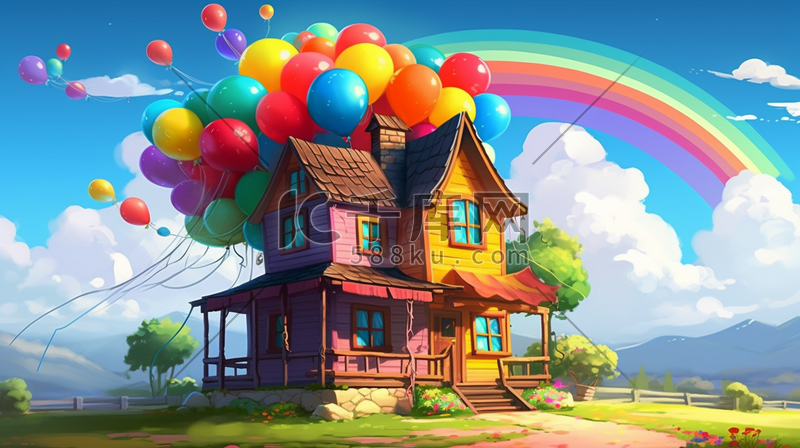 美丽可爱彩色唯美房子与气球数字艺术插画图片