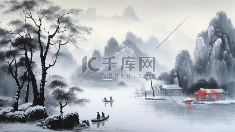 中国风山水画古风水墨图图片