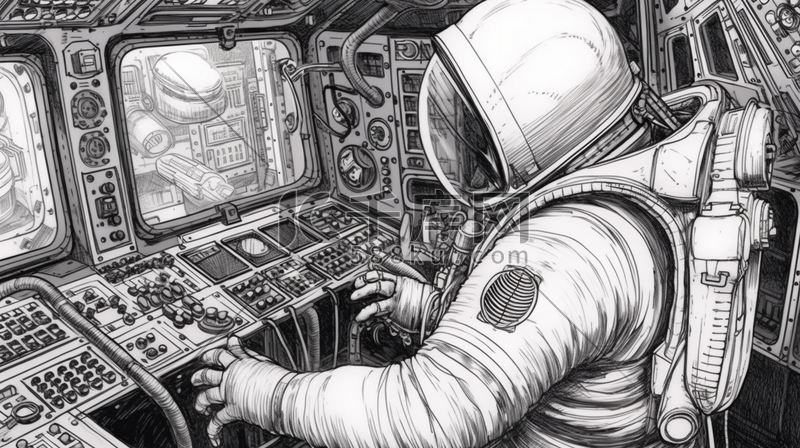 黑白线条航空航天宇航员在操纵室图片