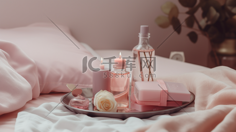 粉红色床和粉色化妆品插画图片