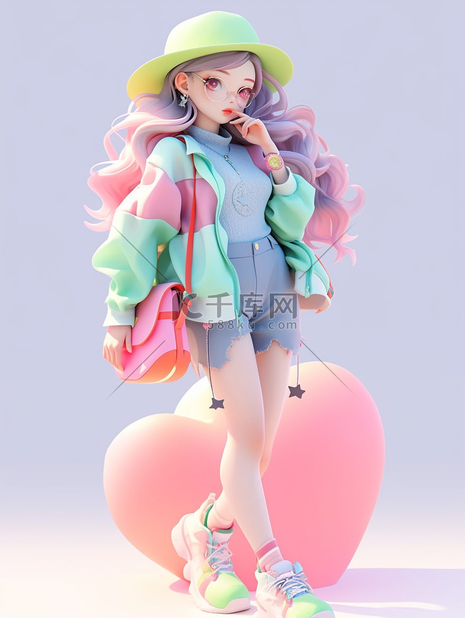 3D立体多巴胺人物插画戴遮阳帽的少女图片