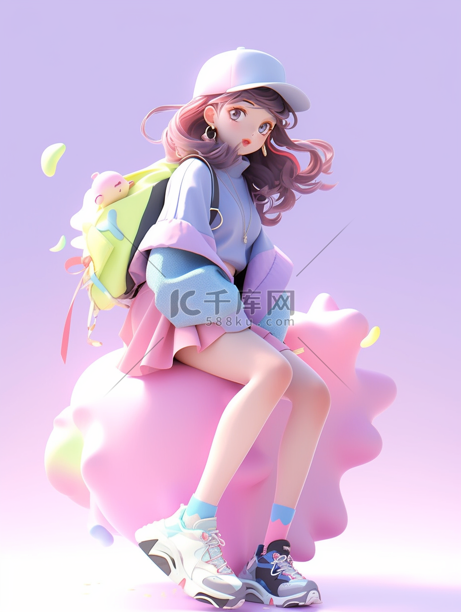 3D立体多巴胺人物插画紫衣少女图片