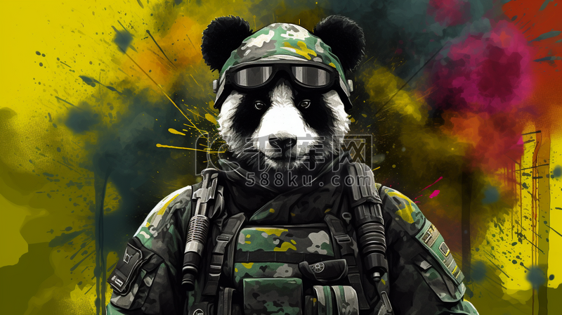 军旅风格着装的熊猫图片