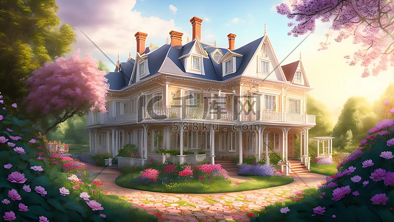 童话般的房子周围盛开着美丽的花朵图片