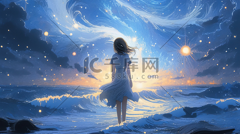 一个女孩梦幻星辰大海插画16图片