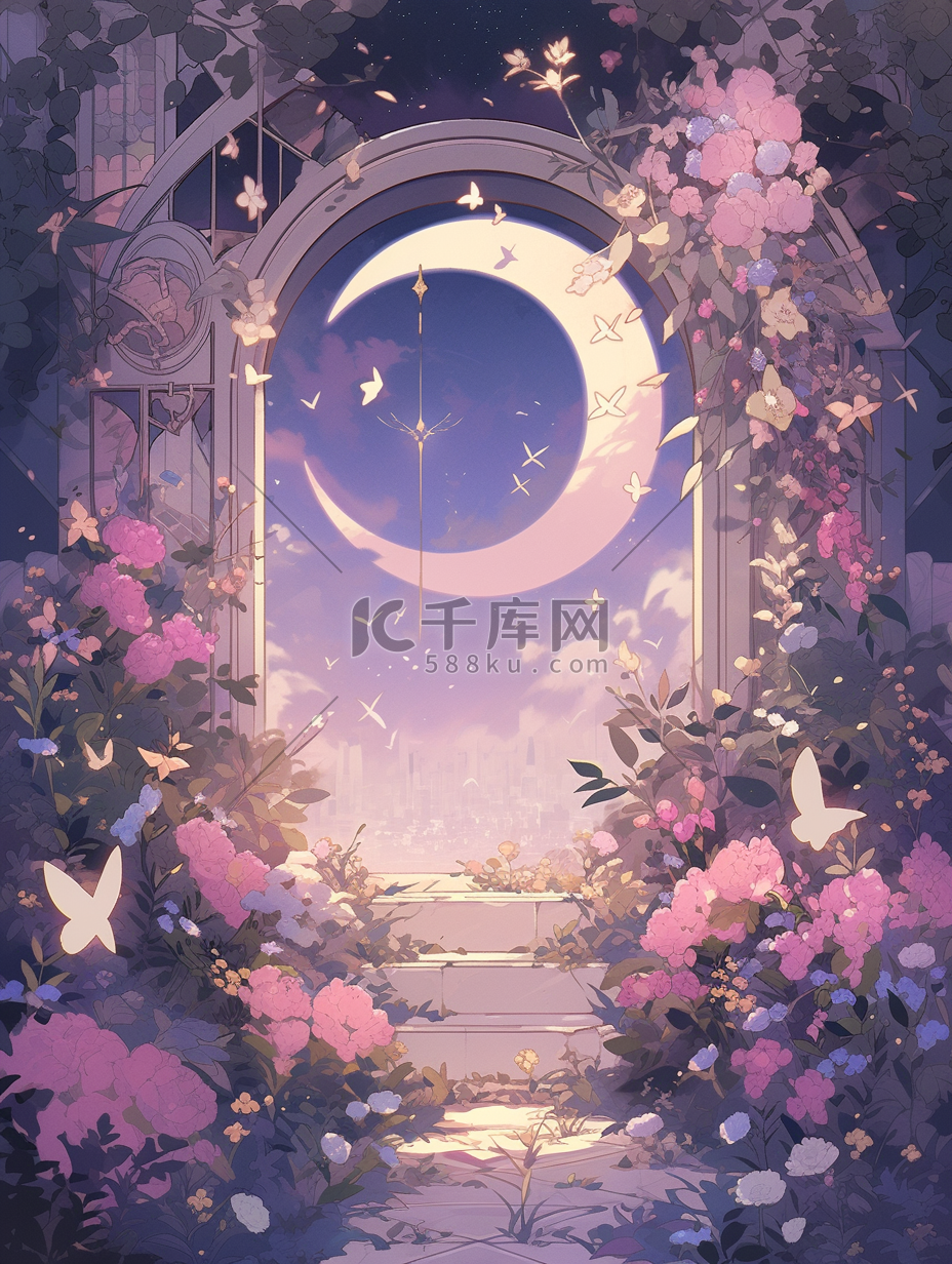 紫色梦幻天空浪漫月亮花园图片