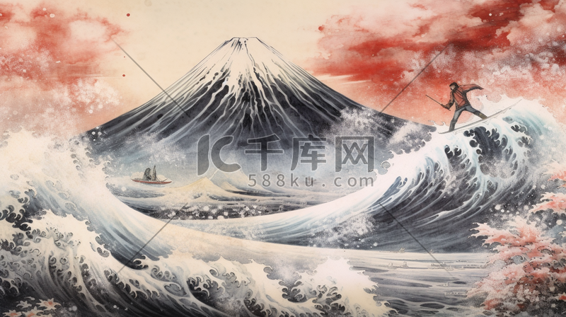 浮世绘冲浪富士山国潮复古插画图片