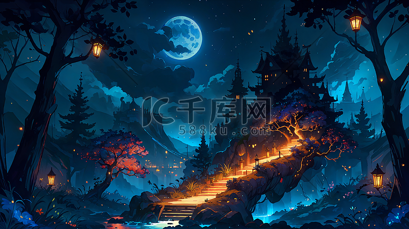 手绘满月的夜晚一条小路通往林中古堡图片