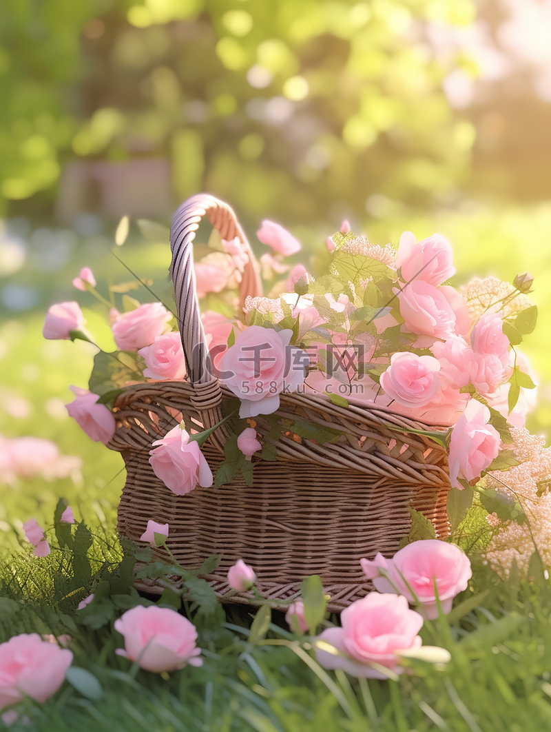 草坪上一篮淡粉色玫瑰16图片