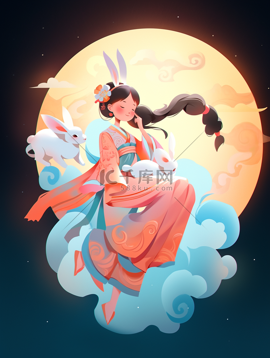 中秋节中秋满月女孩与兔子人物插画图片