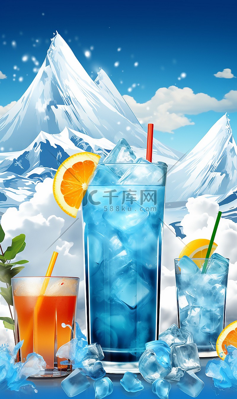 夏季酷暑冰饮畅爽海报背景蓝色图片