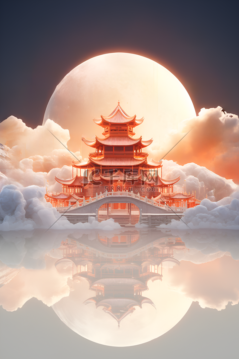 3D中秋满月中国风建筑插画产品展示背景图片