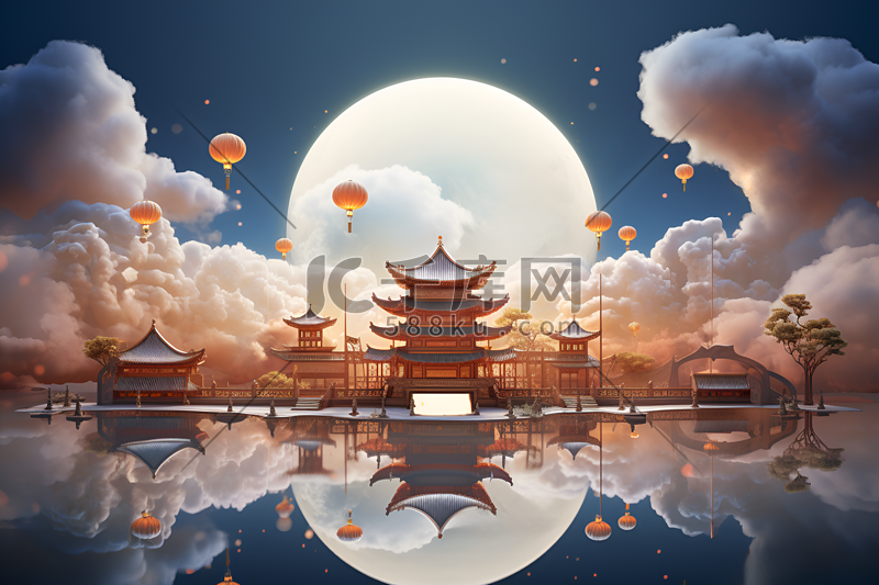3D中秋满月中国风建筑插画产品展示背景图片