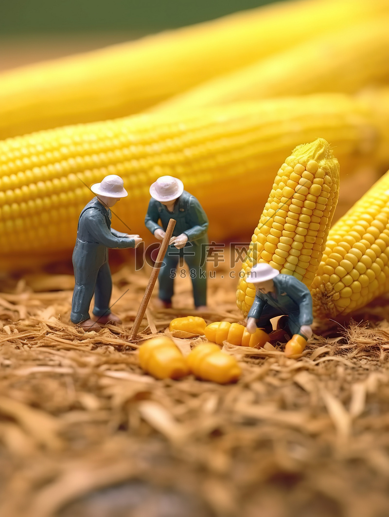 微距小人在巨大的玉米上工作1图片