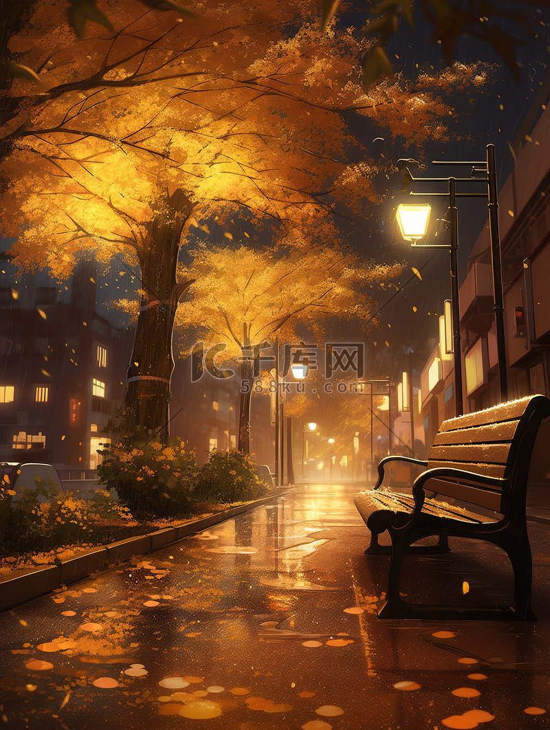 秋天下雨天的夜晚长椅8图片