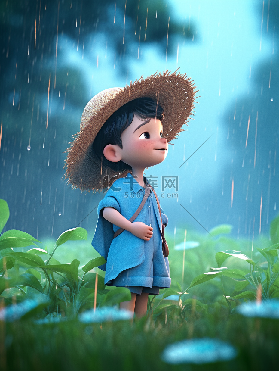 雨中戴帽子的卡通小男孩插画图片