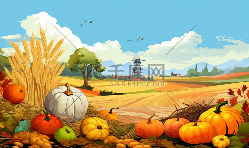秋天丰收的季节卡通插画图片