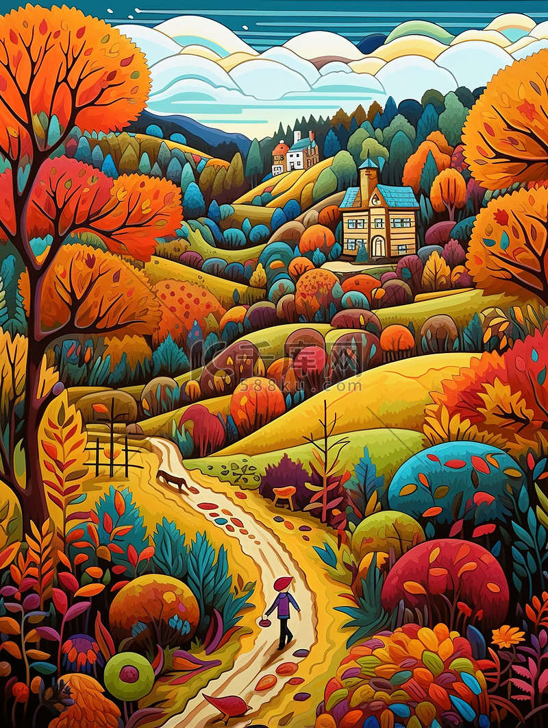 儿童插画乡村的秋天生动的色彩19图片