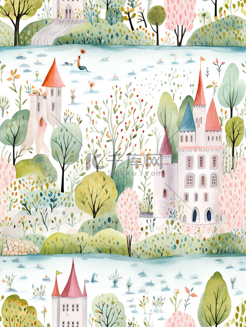 树林城堡涂鸦水彩纹理插画8图片
