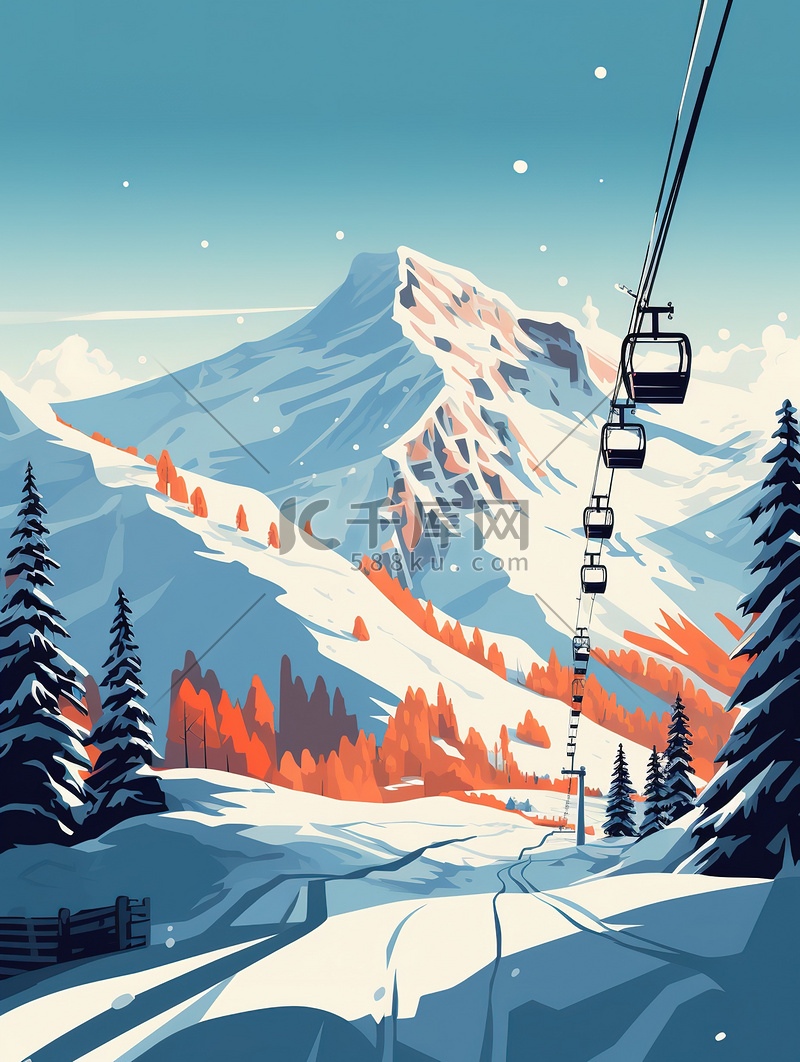缆车翻山雪山滑雪卡通插画1图片