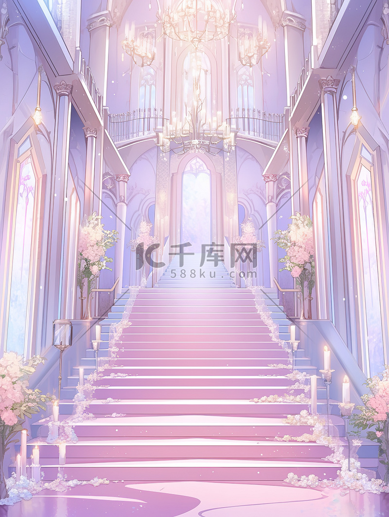浅紫色浪漫城堡宫殿楼梯插画10图片