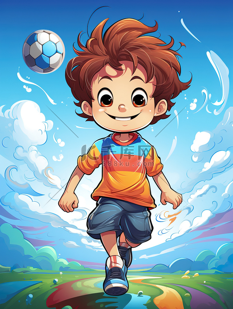 一个踢足球的小男孩卡通插画20图片