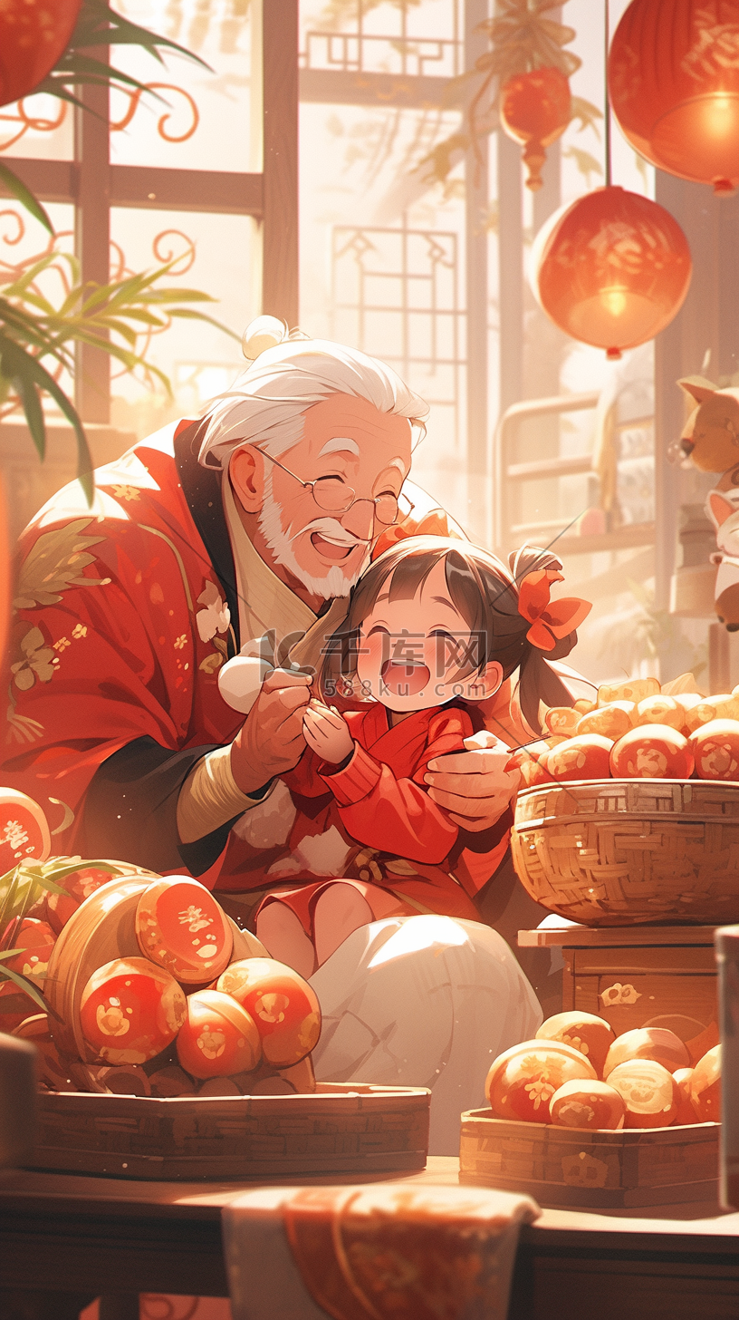 春节新年团圆孩子与长辈的场景手绘插画图片