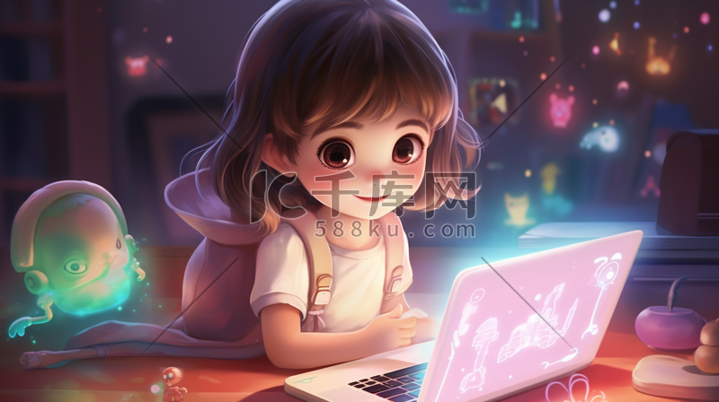 手绘可爱小女孩玩手提电脑插画1图片